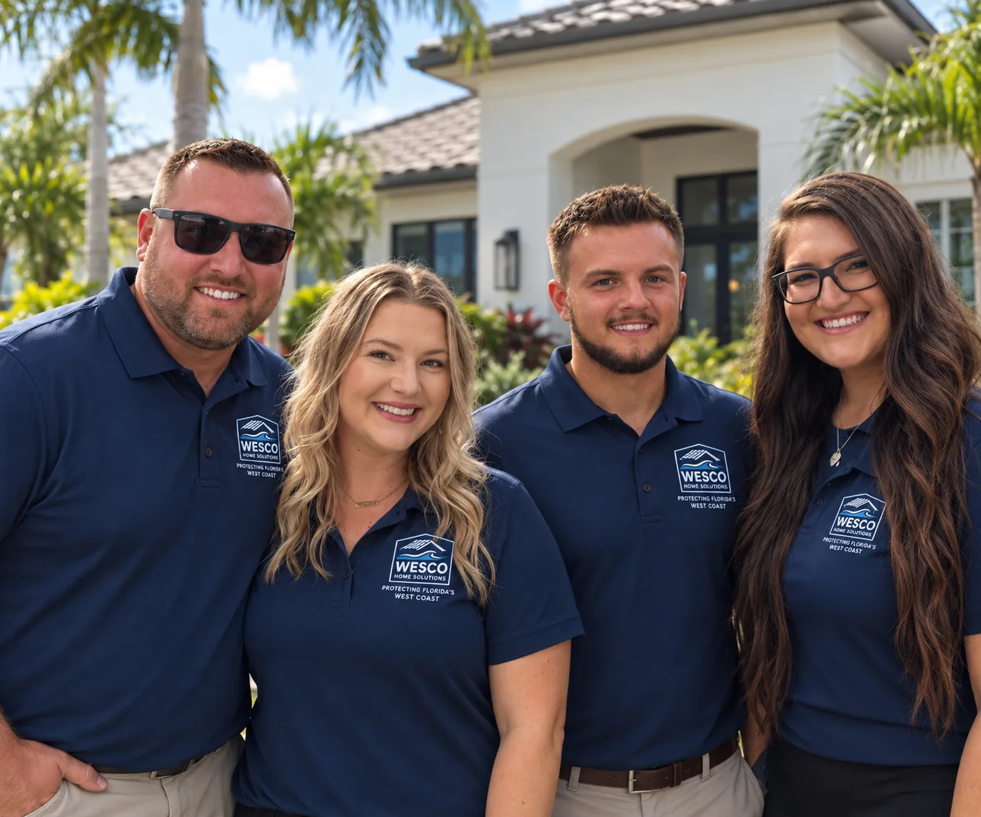 The Wesco Home Solutions team in navy branded polos in front of a Florida home